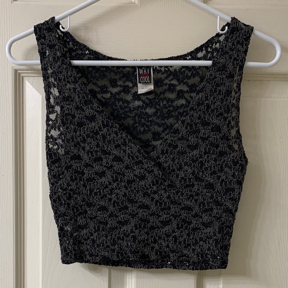 🌷3 for $25🌷Way Cool, US M, Black & Grey Lace Surplice Neckline Crop Tank Top